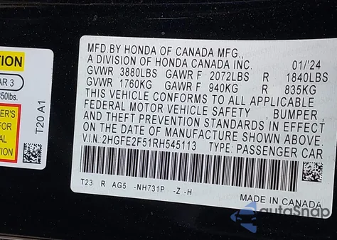 2024 Honda Civic Sport из США, поврежденный, VIN 2HGFE2F51RH545113